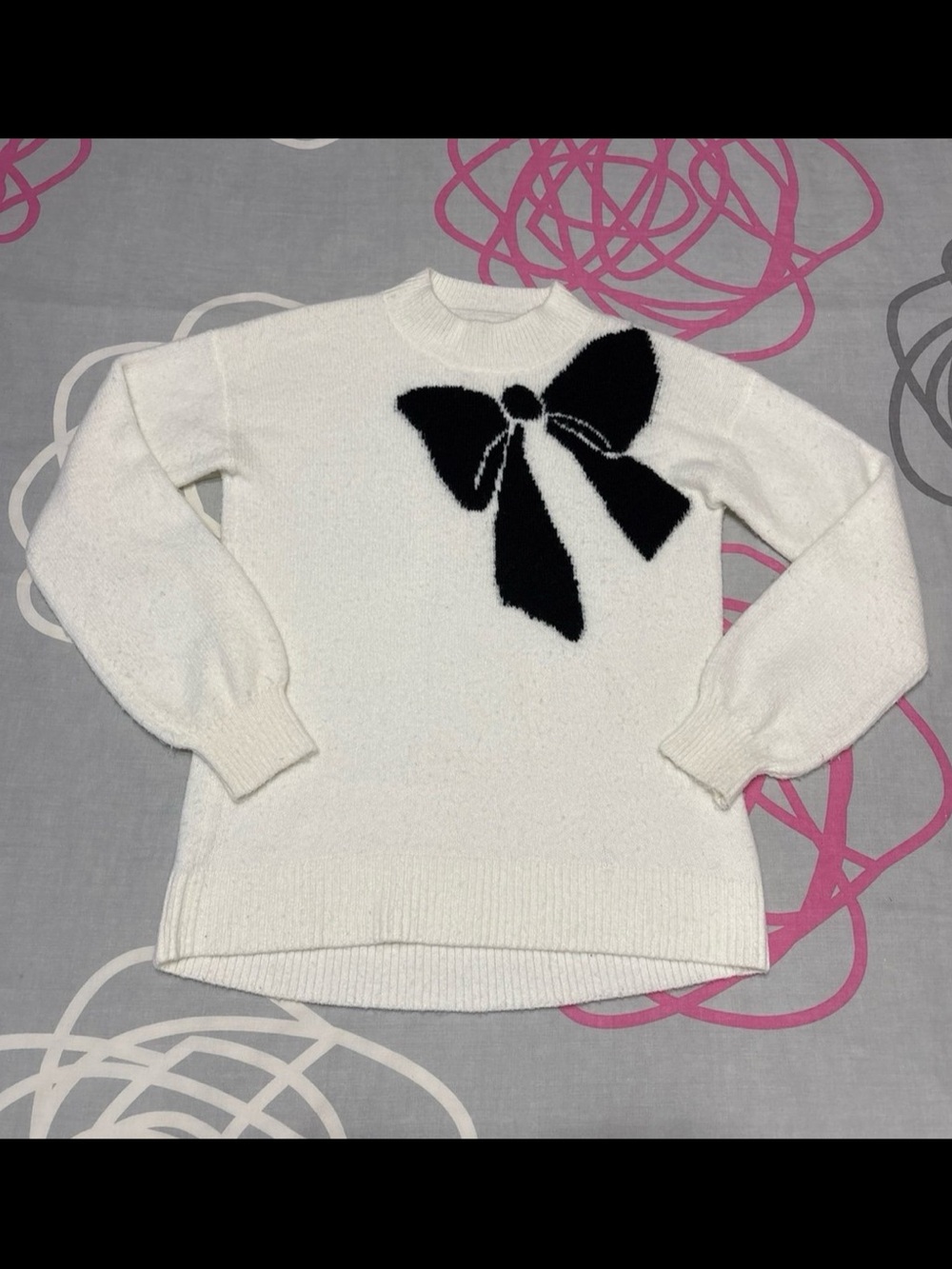LOFT White Sweater With Black Bow Design
